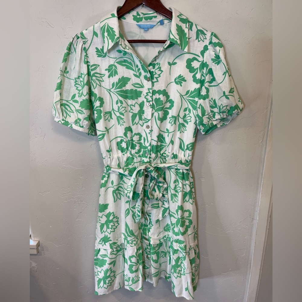 Draper James Green Floral Puff Sleeve Dress‎ Women’s Large Rayon Linen Blend - Picture 3 of 12